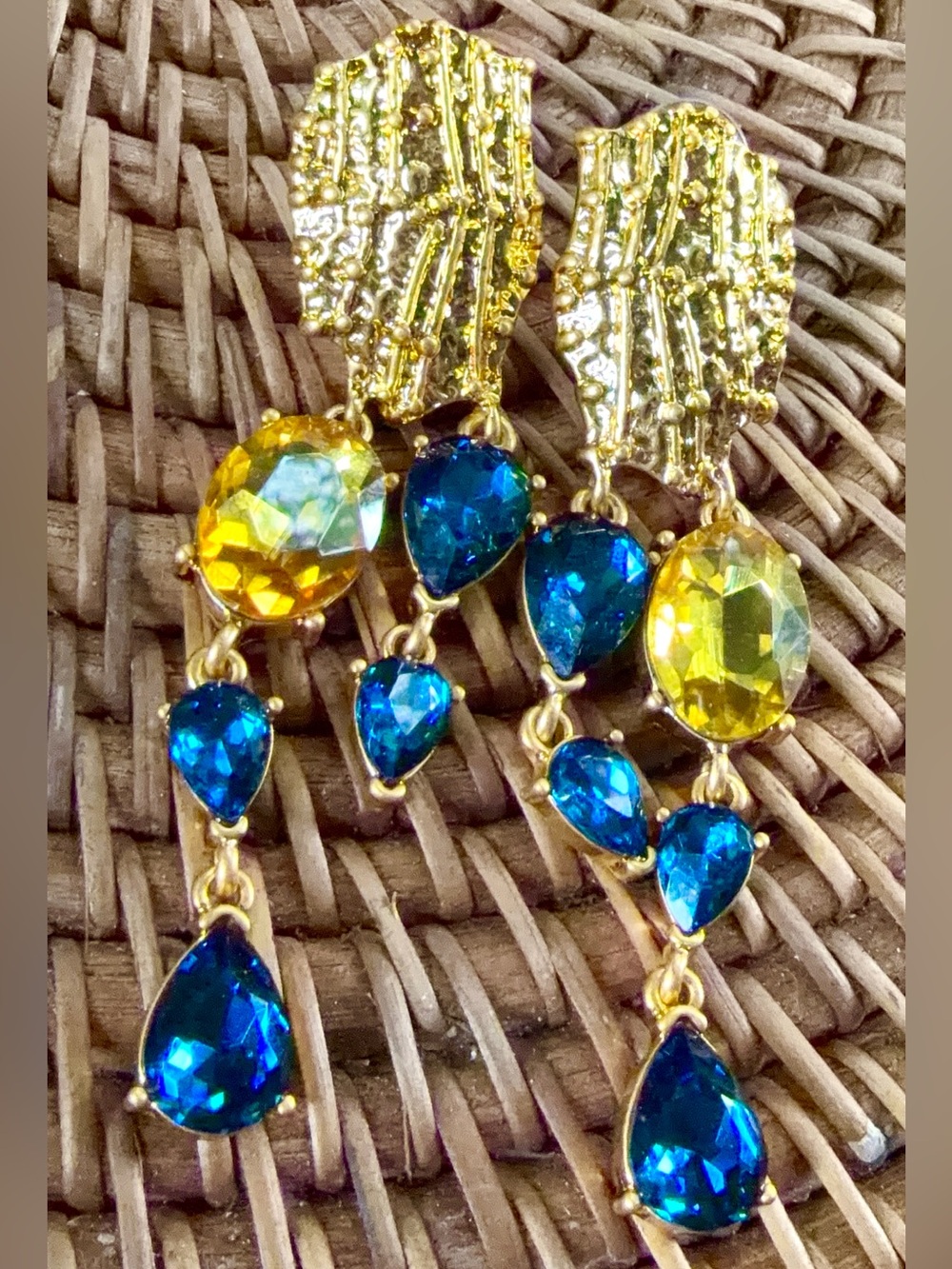 Oscar de la Renta Gold Tone Drop Earrings Citrine /Capri Blue Crystals⭐️ CLIP ON - Picture 6 of 12